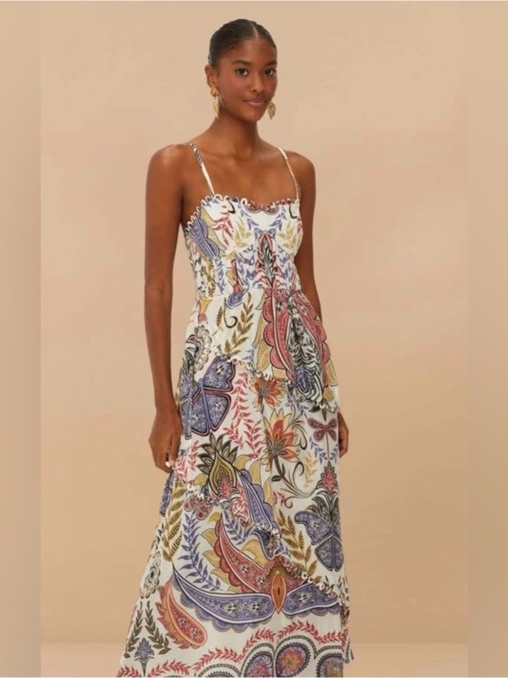 FARM Rio Cream Maxi Dress with Blue, Red, Purple & Gold Paisley Floral Print